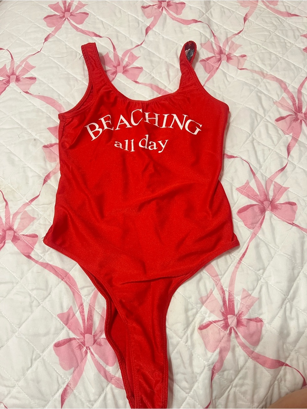 Bershka Red "Beaching All Day" One-Piece Swimsuit